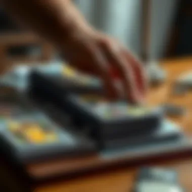 A close-up of a collector's hands organizing Panini cards in a binder