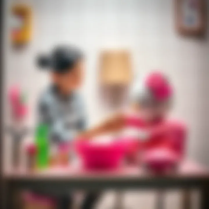 Parent assisting child with Hello Kitty care products