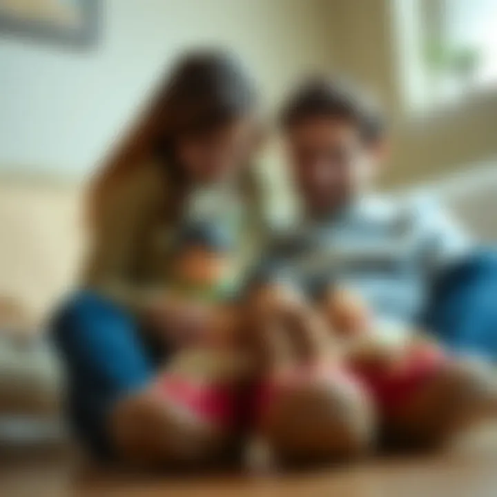 A parent and child engaging with figurine slippers