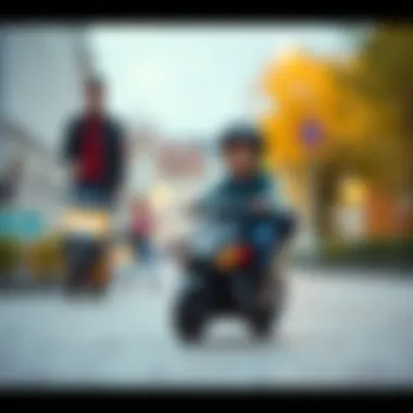 A parent supervising a child riding a scooter safely