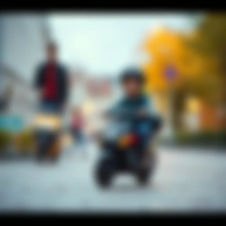 A parent supervising a child riding a scooter safely