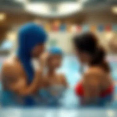 Parents helping a child put on a swimming cap before swimming