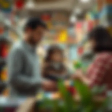 Parents selecting toys for their child in a friendly store environment