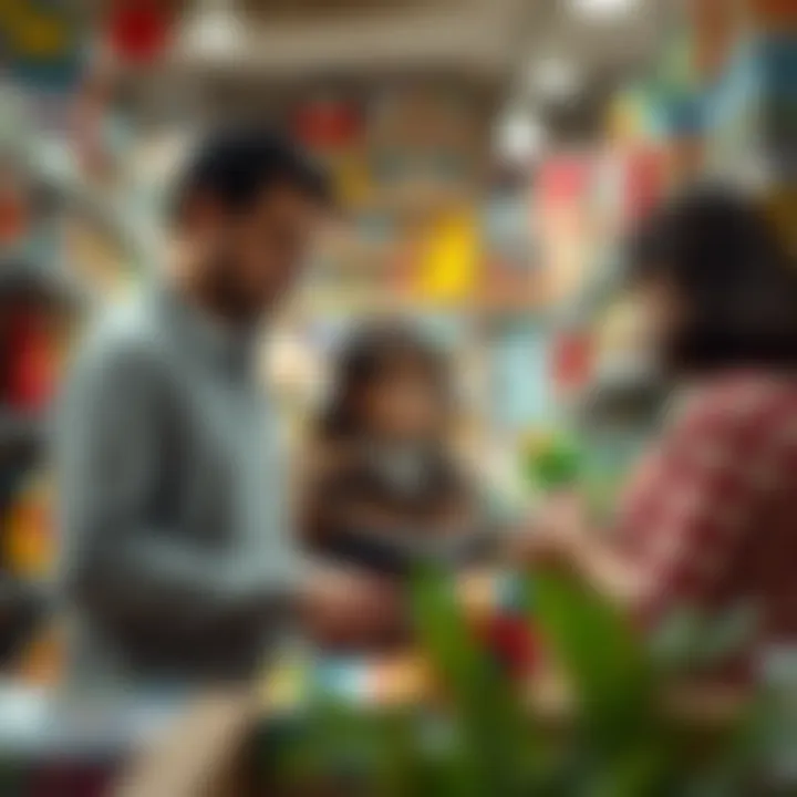 Parents selecting toys for their child in a friendly store environment