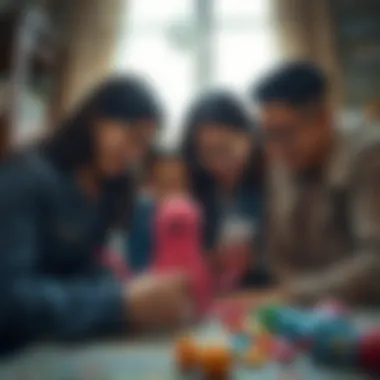 Parents engaging with their child and the pink octopus toy