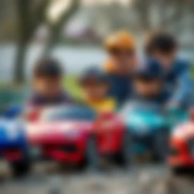 Group of children interacting while playing with electric cars