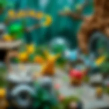 An imaginative landscape featuring Pokemon and their habitats