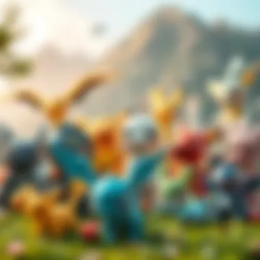A vibrant illustration of various Pokemon characters in a scenic environment