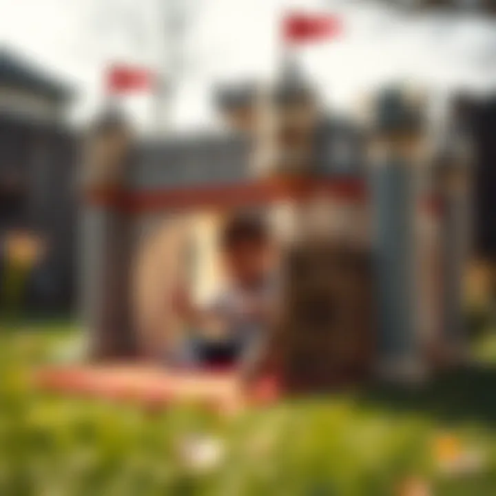 Portable castle set up in a backyard