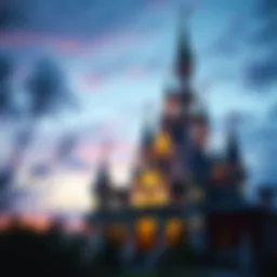 A magical princess castle set against a twilight sky