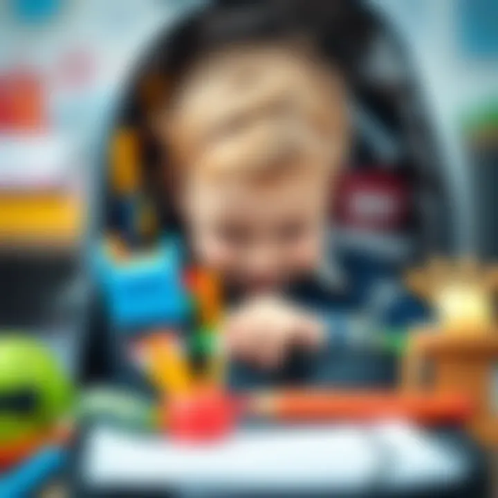 A child organizing school supplies inside a neatly packed backpack