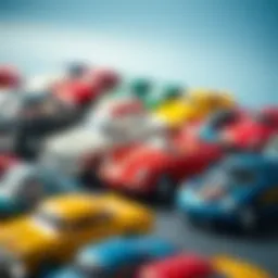 A vibrant display of small metal cars showcasing various designs and colors