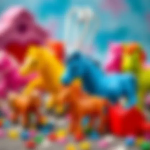 A collection of colorful miniature ponies arranged in a playful setting.