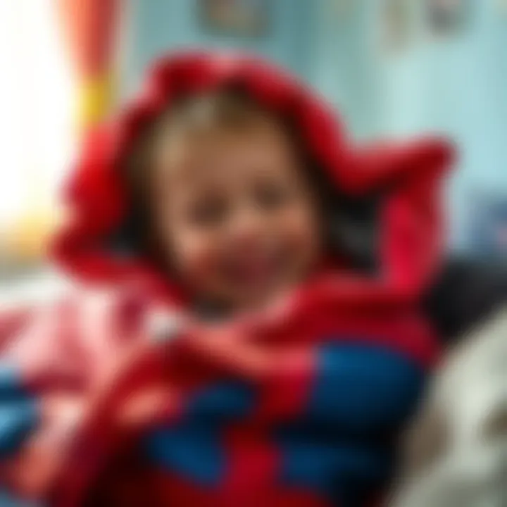 A child happily snuggled in a Spider-Man themed sleeping bag with a big smile