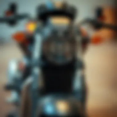 Close-up of a motorcycle showcasing its technical features