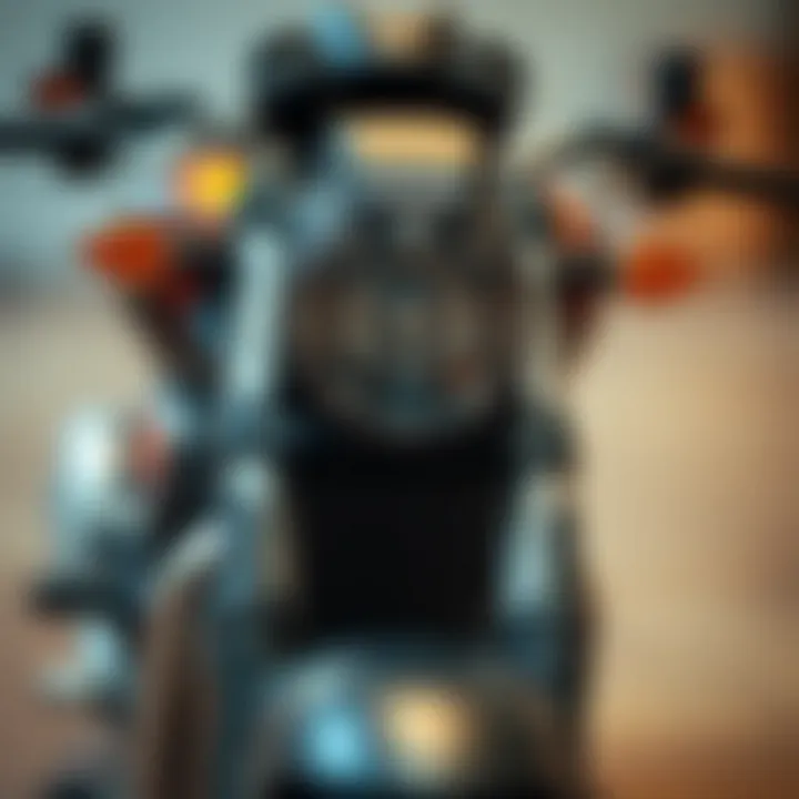 Close-up of a motorcycle showcasing its technical features