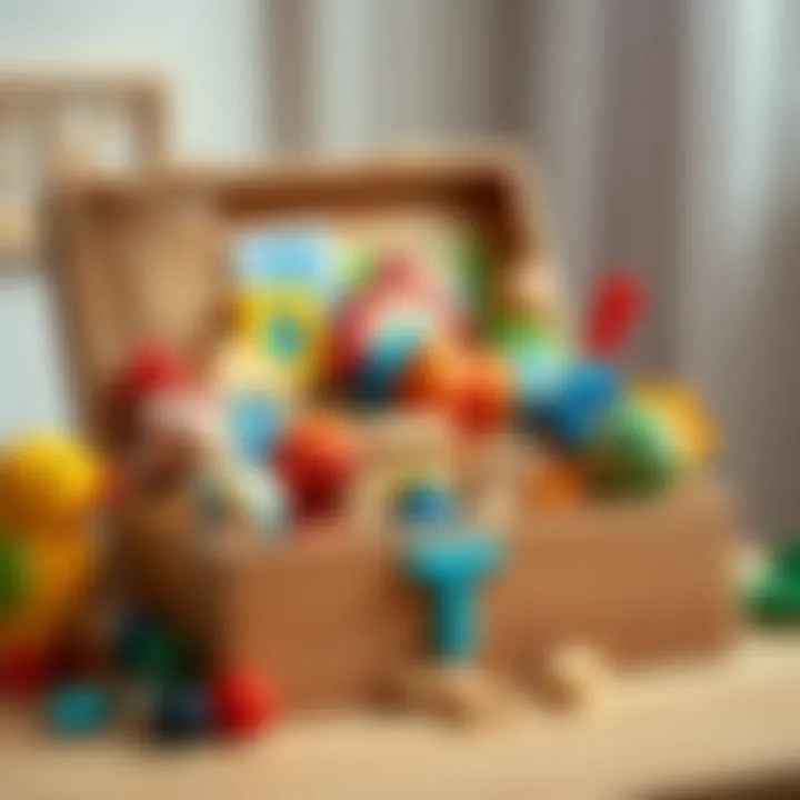 Wooden box showcasing various educational toys for children.