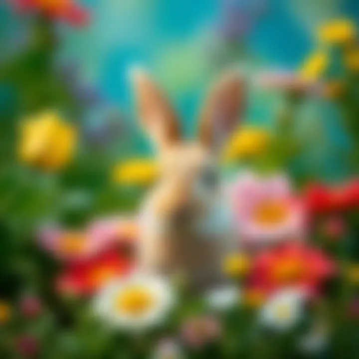 An artistic representation of a rabbit surrounded by vibrant flowers, showcasing aesthetics and creativity.
