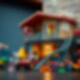 Three-story garage playset depicting children playing creatively