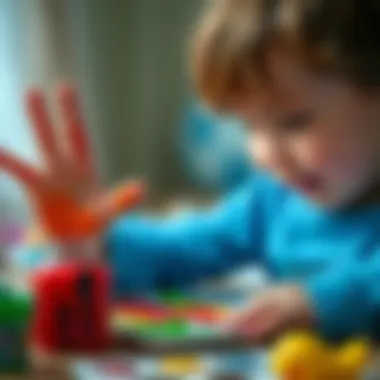 Interactive art session with a three-year-old using finger paints.