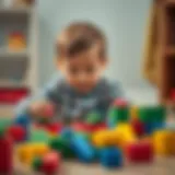Engaging three-year-old playing with colorful blocks.