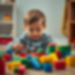 Engaging three-year-old playing with colorful blocks.