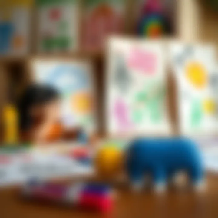 An array of colorful drawings made by toddlers, displaying imagination