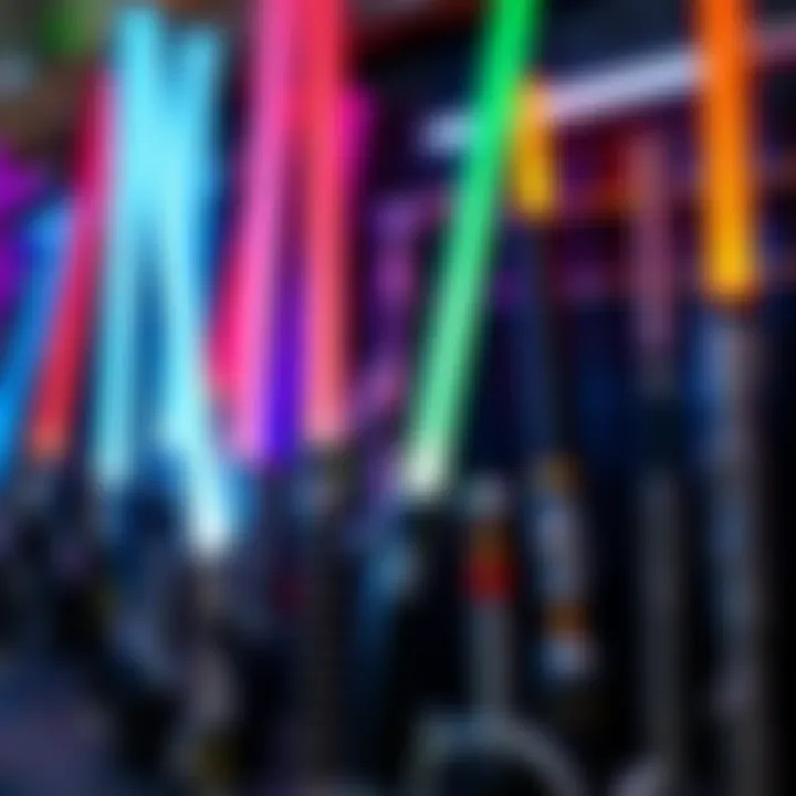 Various models of toy lightsabers on display