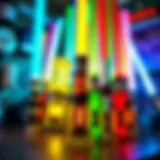 Colorful toy lightsabers displayed in an imaginative setting