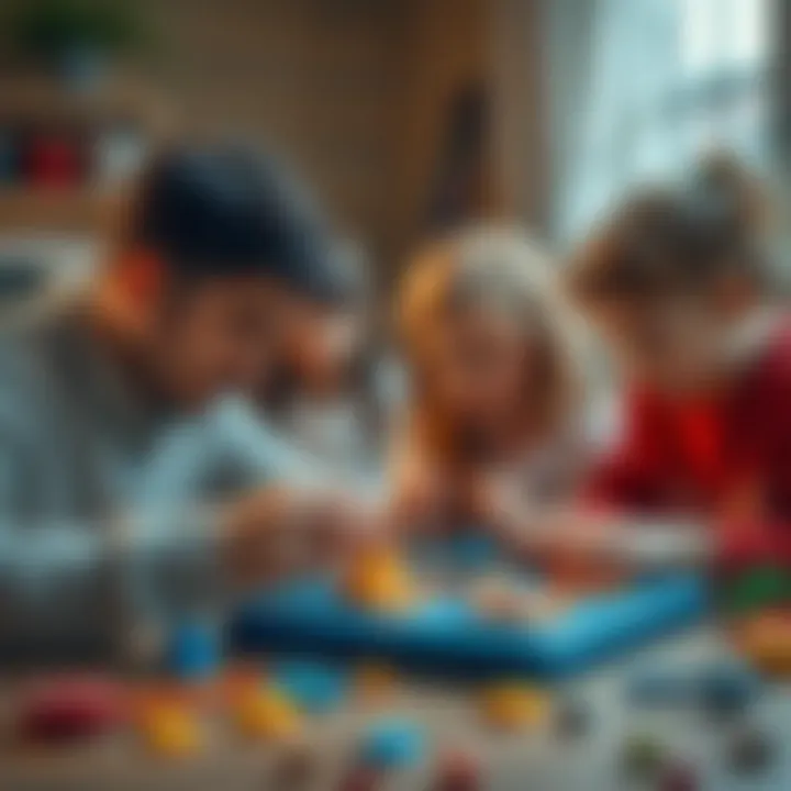 Parents and children collaborating on a brain-teaser activity that fosters teamwork
