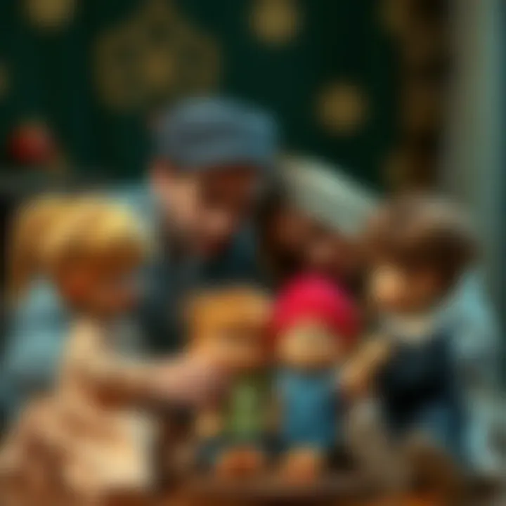 Parents engaging with children and troll dolls, emphasizing bonding