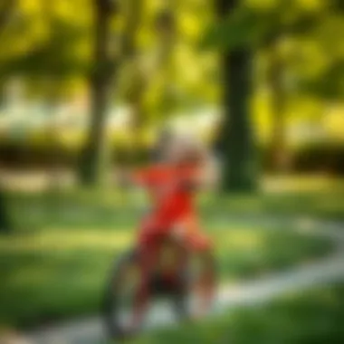 A child joyfully riding a bicycle in a park