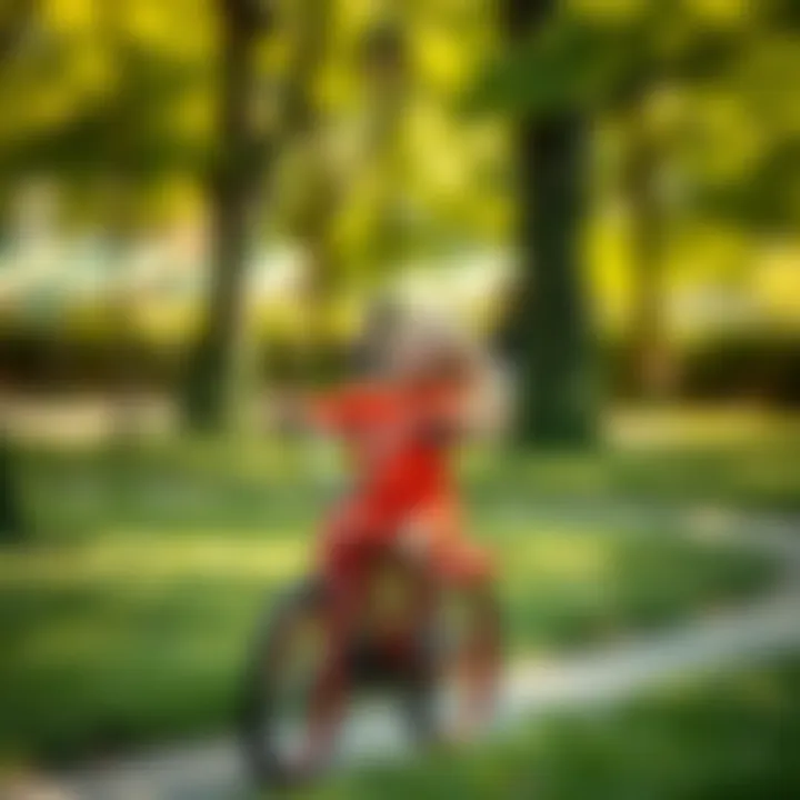 A child joyfully riding a bicycle in a park