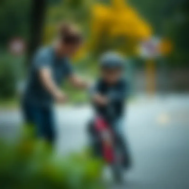 A parent assisting their child in learning to ride a bicycle