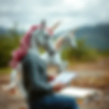 An artist sketching a unicorn in a serene setting.