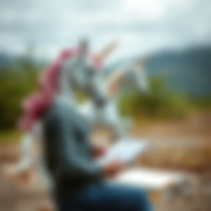 An artist sketching a unicorn in a serene setting.