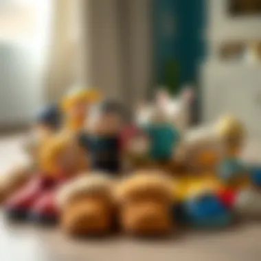 Different types of figurine slippers arranged creatively