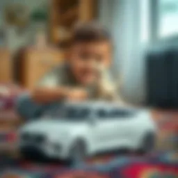 Child playing with a Volvo toy car on a colorful rug